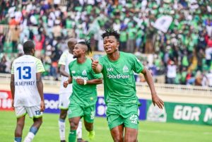 Gor Mahia's Samuel Kapen celebrates his goal against KCB