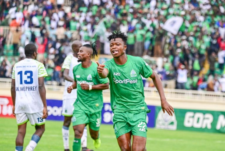 Gor Mahia's Samuel Kapen celebrates his goal against KCB