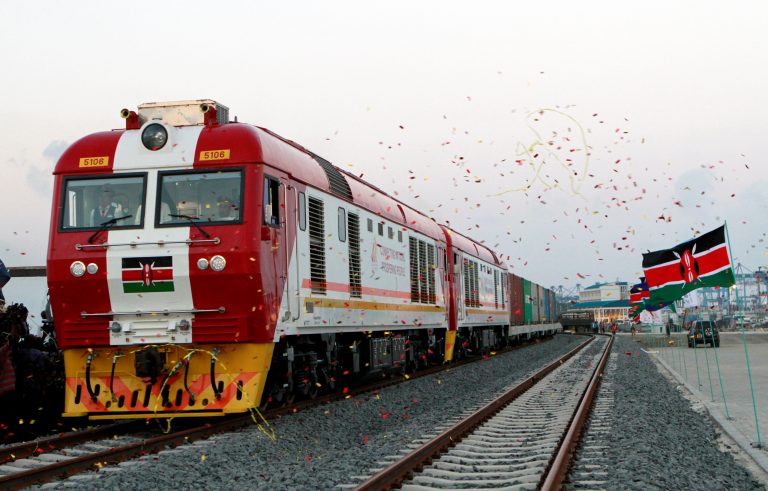 A cargo train is launched to operate on the Standard Gauge Railway line constructed by the China Road and Bridge Corporation and financed by Chinese government in Kenya's coastal city of Mombasa